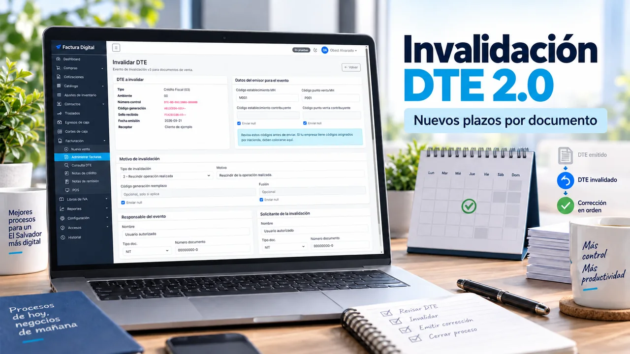 Eventos de invalidación DTE en Factura 2.0: nuevos plazos por documento
